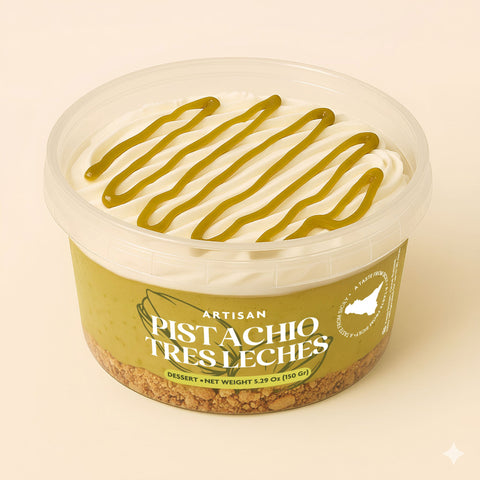 Sweet Carocas Pistachio Tres Leches 5.29oz (150g)  / Serv. Size: 1 Piece  / Plastic Cup Size: 3.74" x 1.97"